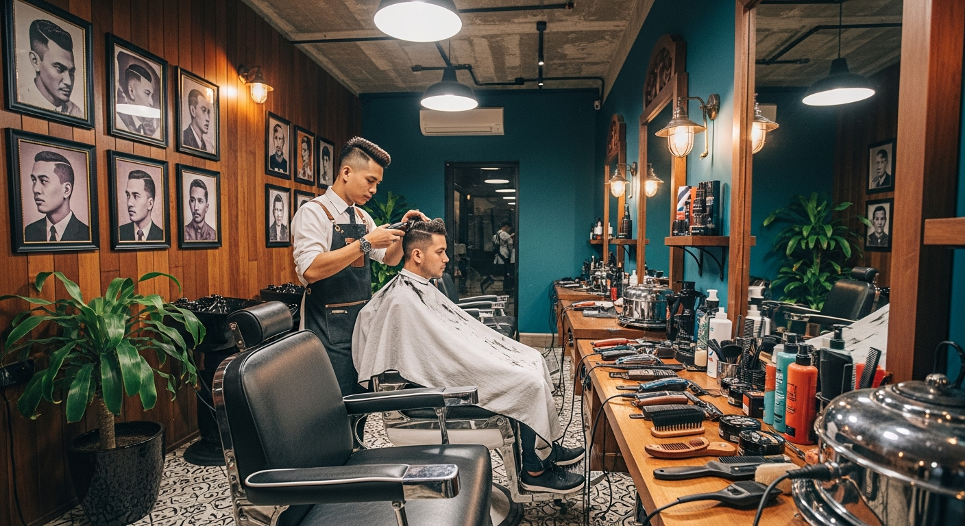 Barber shop owner in Indonesia checking Google Maps ranking