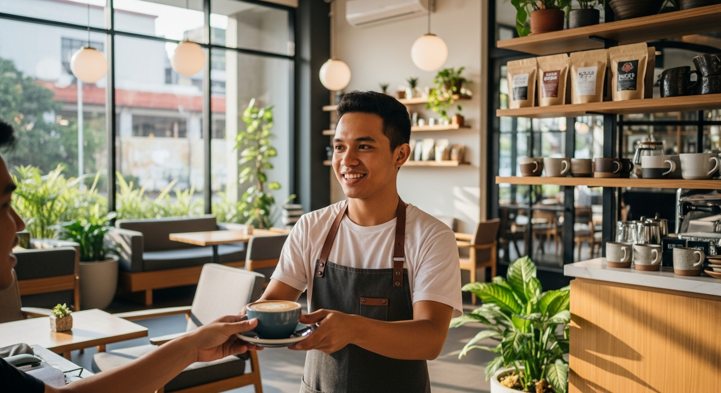 Barista at a cafe in the Philippines with Google Maps open on a customer's phone