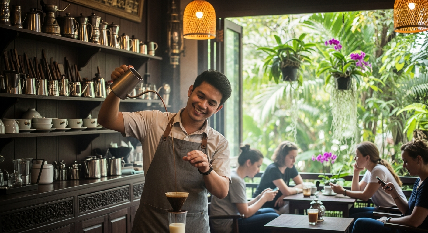 Cafe owner in Thailand checking Google Maps listing