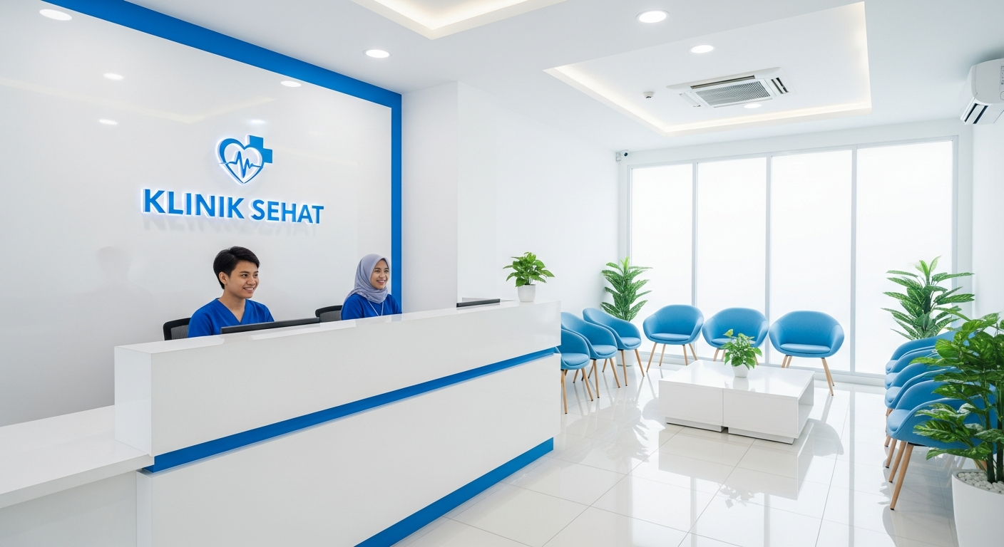 Modern medical clinic reception area in Indonesia with friendly staff