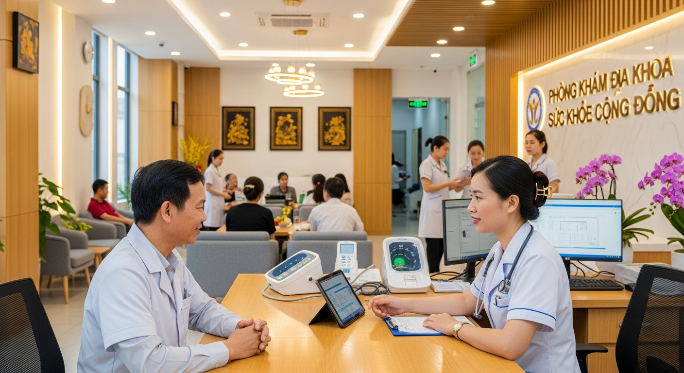Clinic reception in Vietnam with Google Maps open on patient's phone