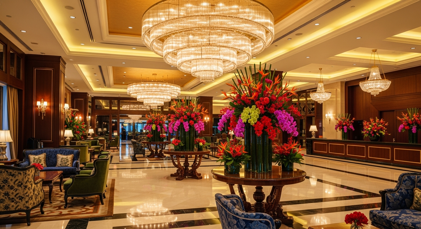 Luxurious Malaysian hotel lobby with grand chandelier and marble floors