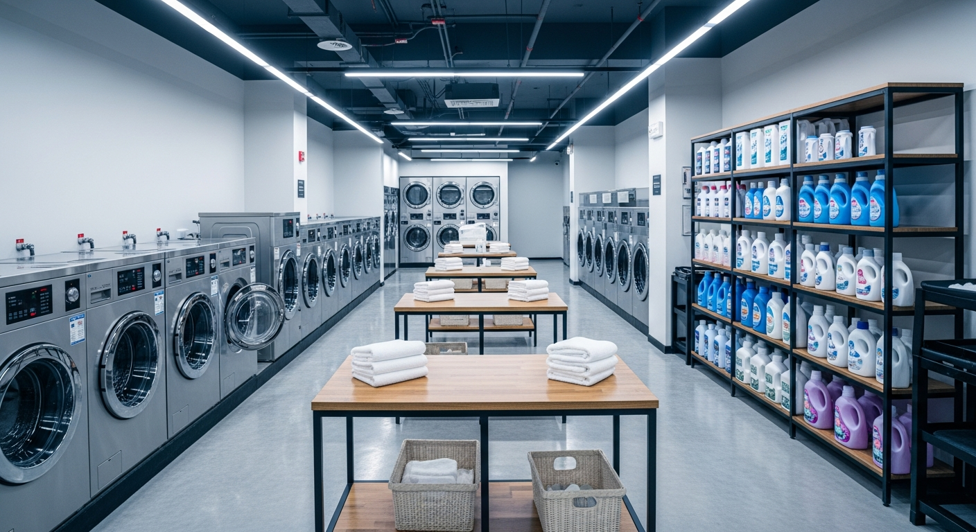 Bright coin-operated laundry shop in Malaysia with modern machines