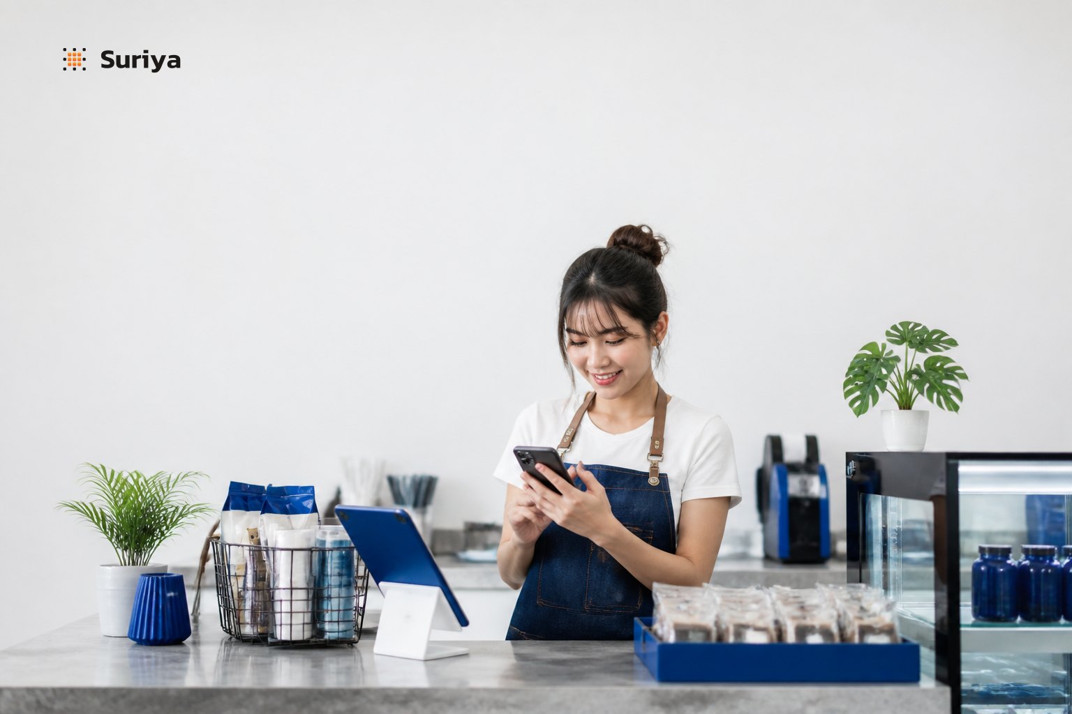 A LINE chat on a phone where an AI bot takes a customer's order and shows a PromptPay QR code for payment