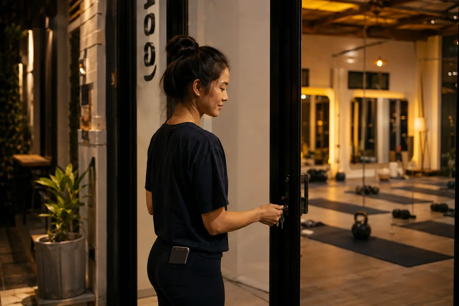 A fitness-studio owner locking up at night, keys in hand, the studio lights half off