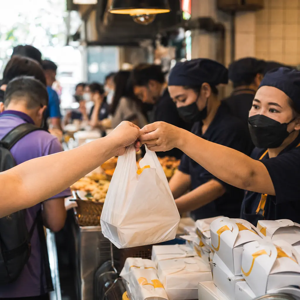 A busy lunch counter, hands exchanging a bag, motion blur