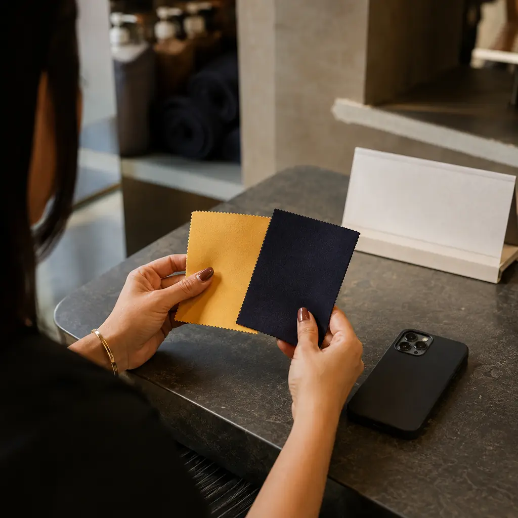 A salon owner's hands holding two fabric swatches over a phone on the counter