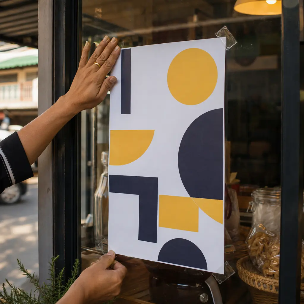 A printed poster being taped to a shop window by hand