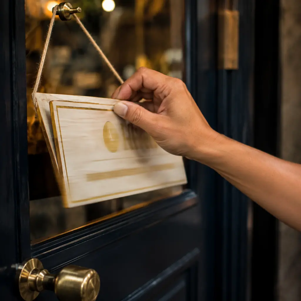 A hand flipping a wooden OPEN sign on a shop door