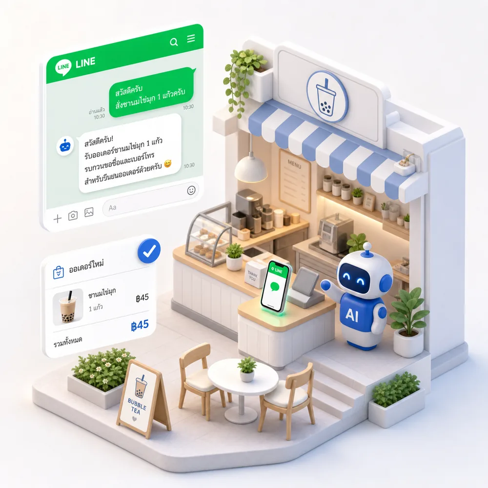 เจ้าของร้านค้าไทยถือมือถือที่เปิดแชท LINE ของร้าน โดยมี Maya ช่วยดูแลตอบลูกค้า