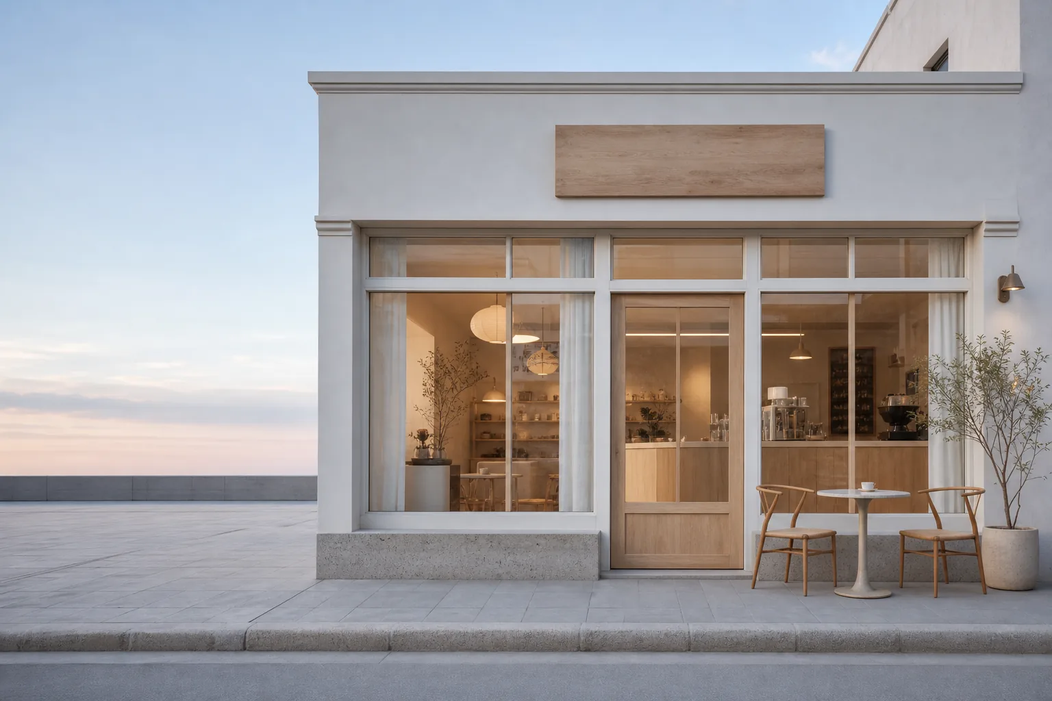 A minimal Scandinavian-style storefront at dawn — the café as its customers see it