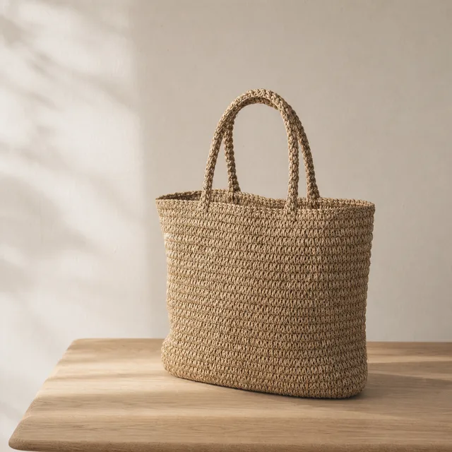 Handwoven natural-fiber tote bag on a light oak table — the shop's product photo